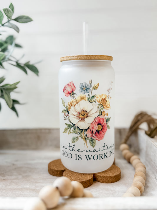God is Working Glass with bamboo lid & straw